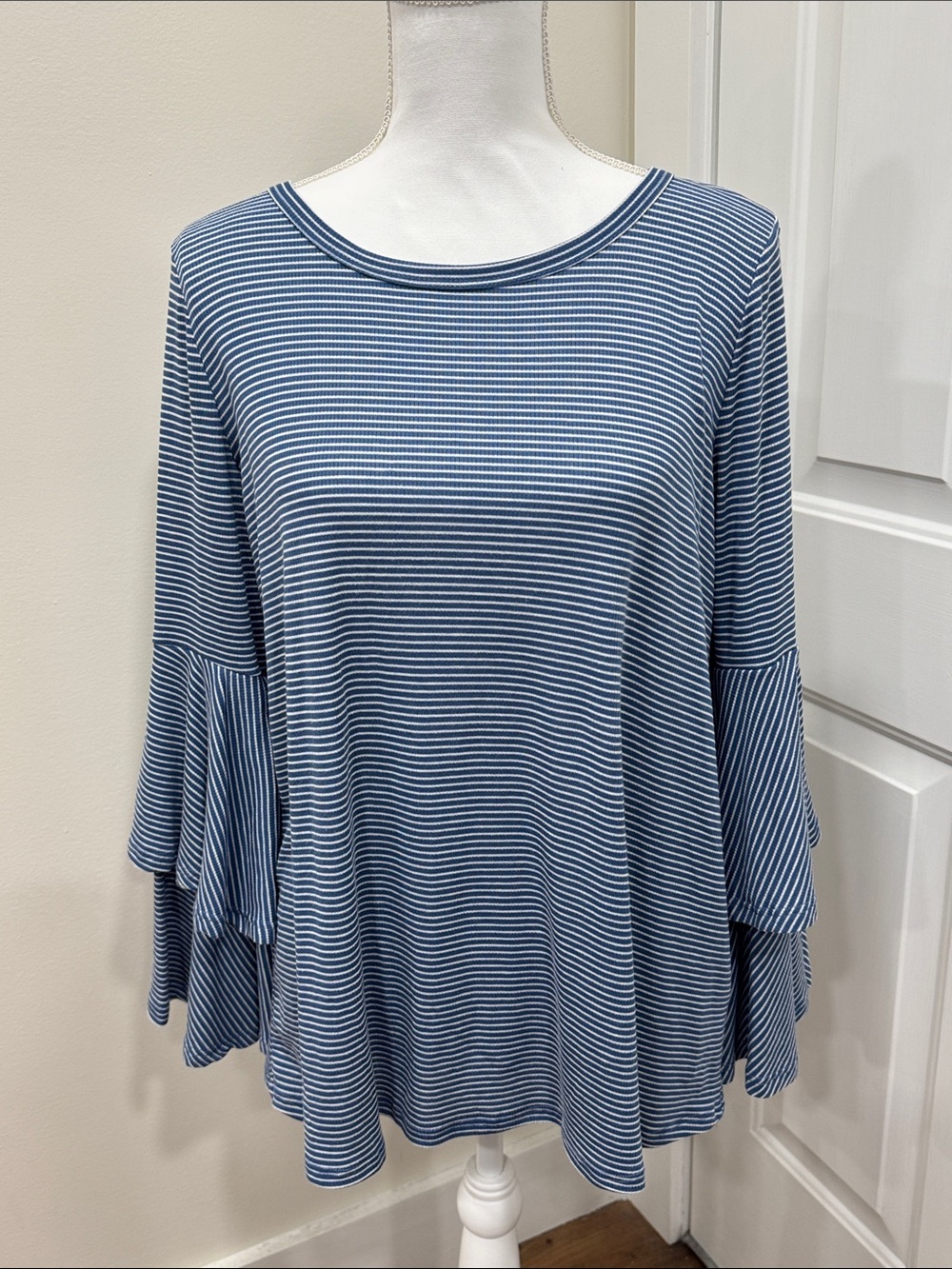 Altar'd State Blue & White Striped Ruffle-Sleeve Long Sleeve Top